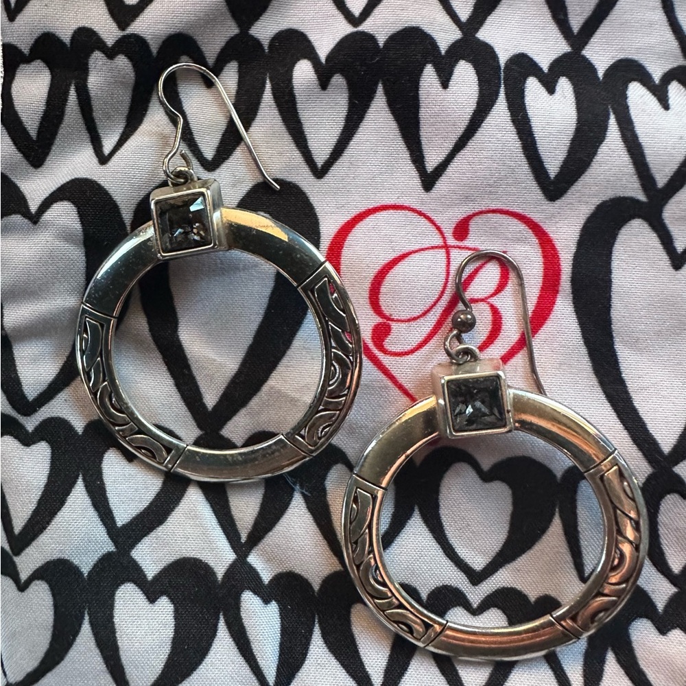 Brighton hoop earrings with gray dazzling stone inset and storage bag!